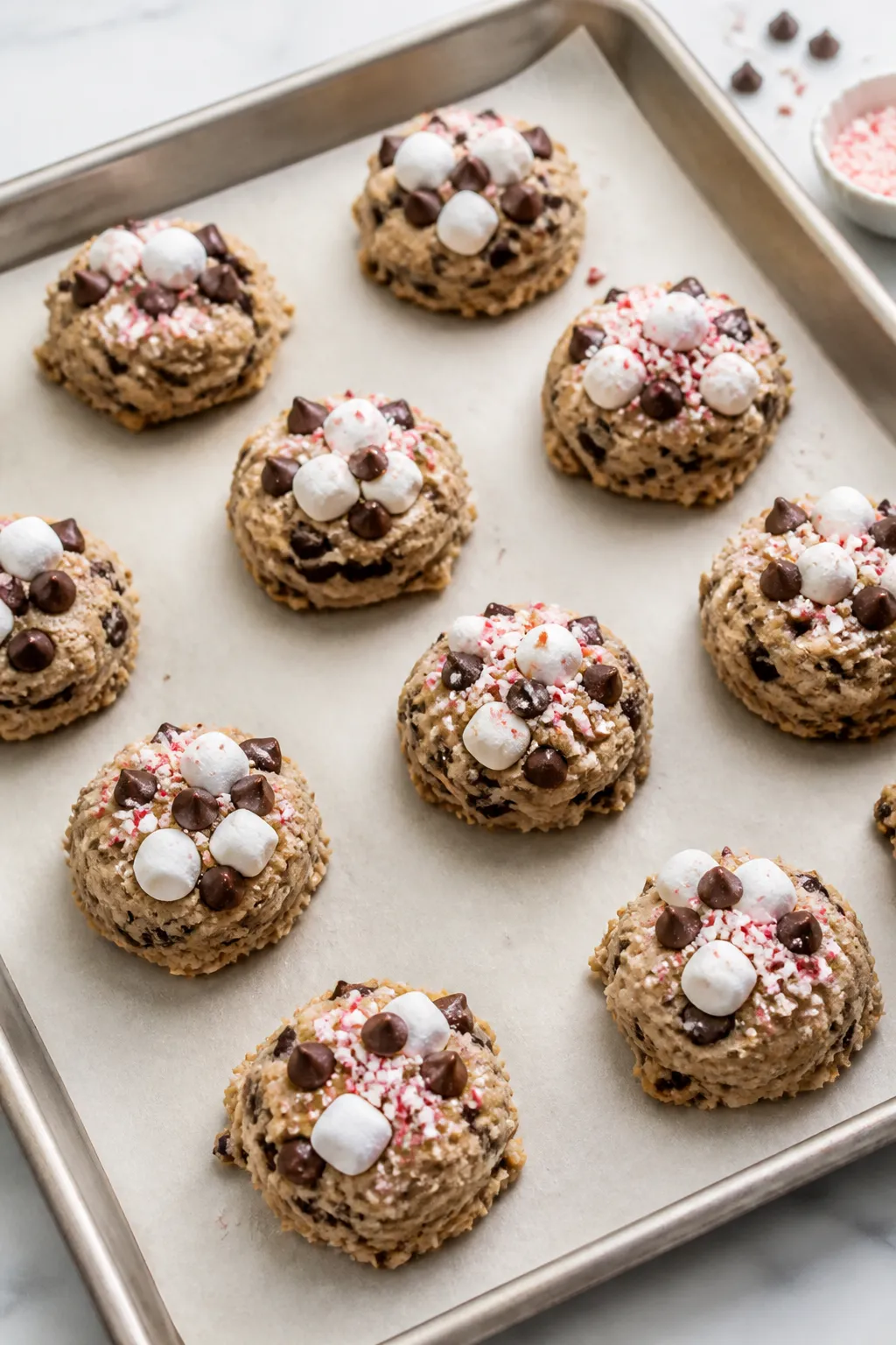 Cooking process: Scooped dough portions on a parchment-lined baking sheet before baking, each mound