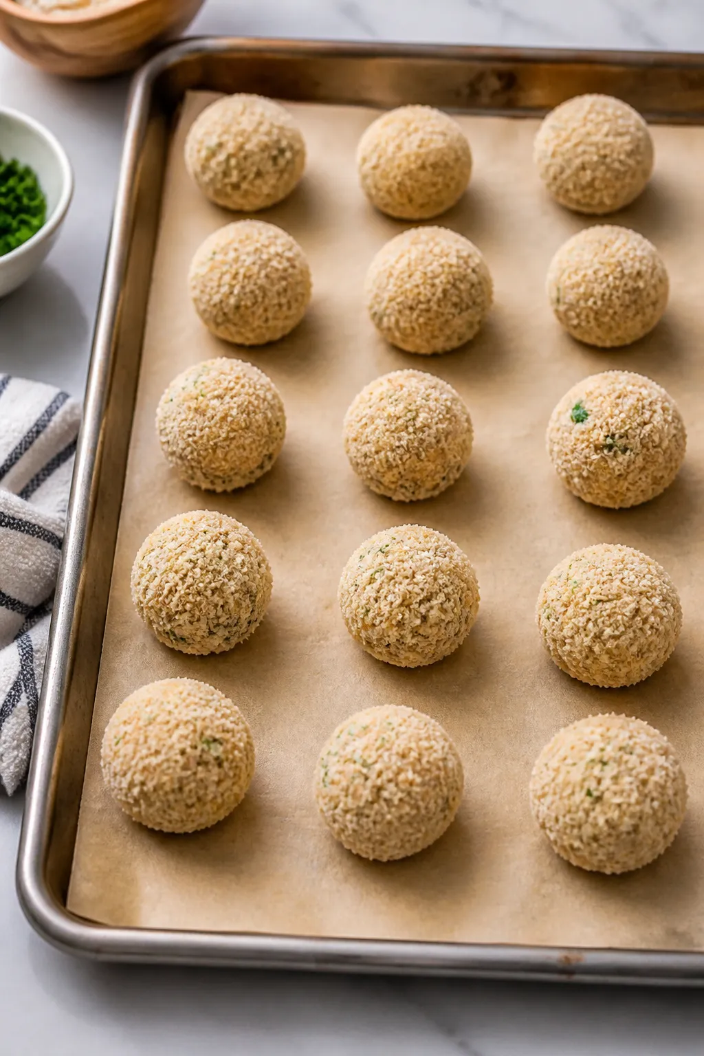 Cooking process shot: A parchment-lined baking sheet with evenly spaced, coated dough balls (