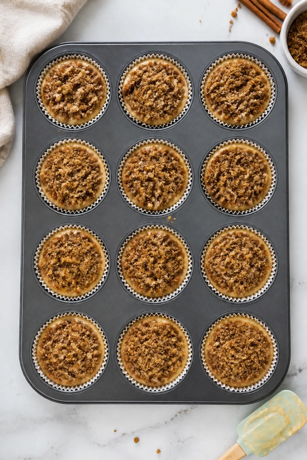 Cooking process shot: Overhead view of a 12-cup muffin tin filled 3/4 with thick batter and generous
