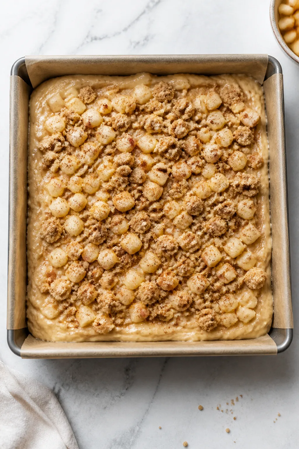 Cooking process shot: Overhead view of the assembled, unbaked coffee cake in a parchment-lined 9-inc