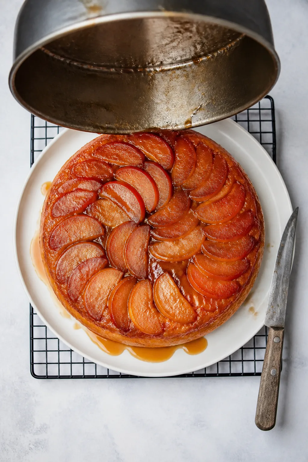 Cooking process shot: overhead view of the cake just out of the oven and being inverted onto a servi