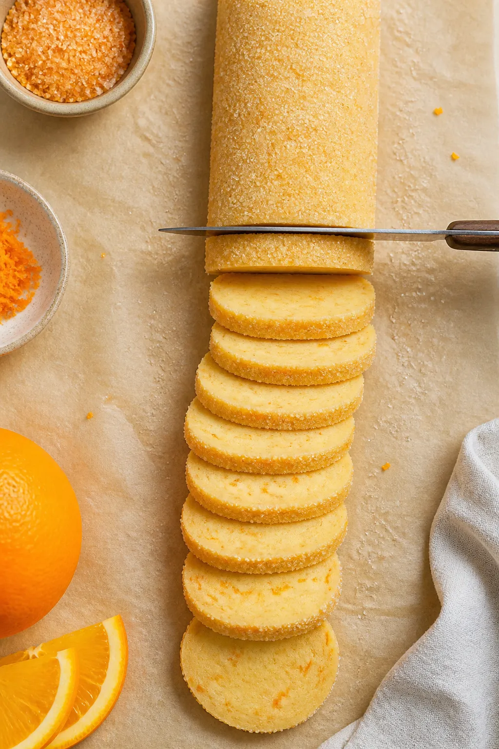 Cooking process: Slice-and-bake orange shortbread dough log being neatly sliced into even 1/4-inch r