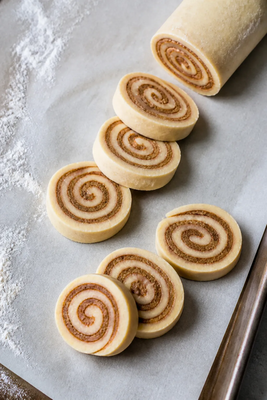 Cooking process: Sliced, chilled cookie log on parchment showing neat 1/2-inch rounds with sharp, ev