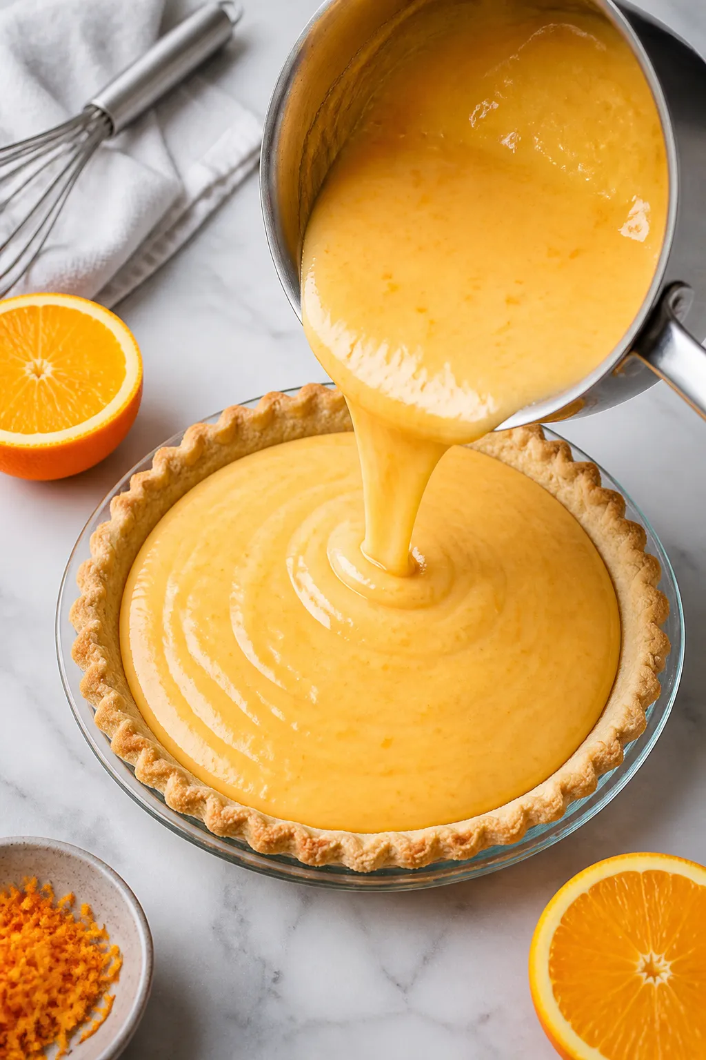 Cooking process: The hot, silky orange custard being poured into a fully cooled, blind-baked 9-inch 