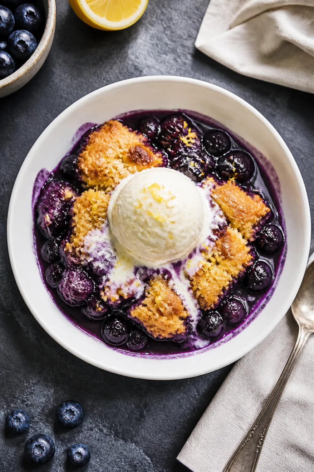 Final dish, overhead plated: Bowl of warm blueberry cobbler topped with a single scoop of vanilla ic