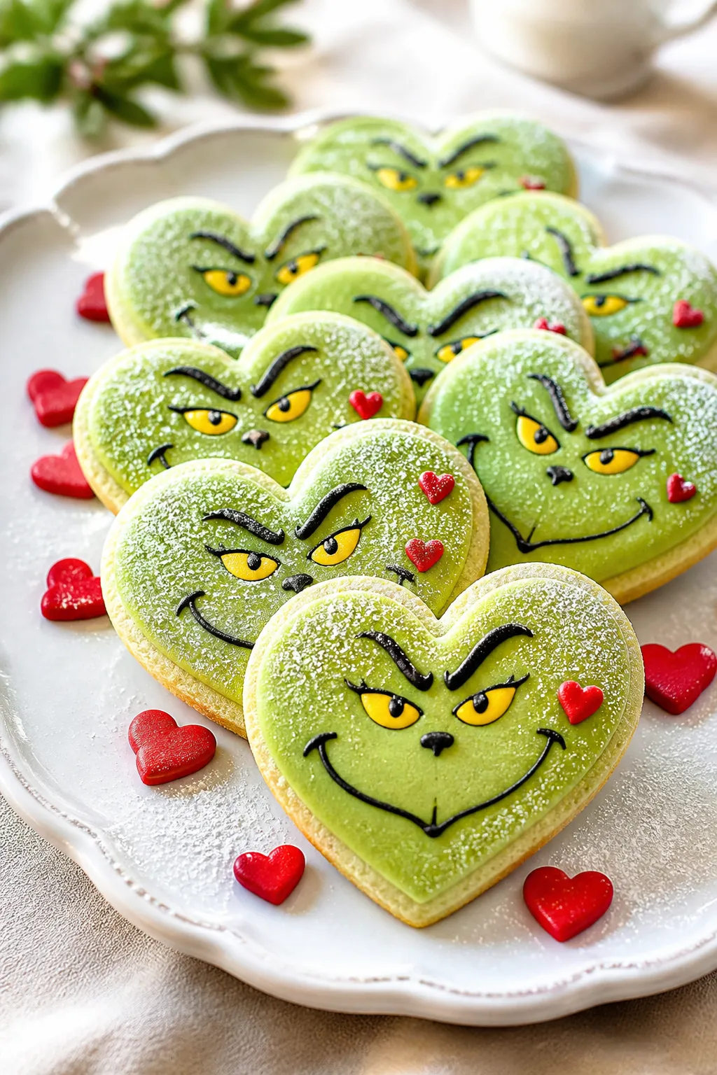 Final dish presentation: A curated plate of Grinch Heart Sugar Cookies stacked and fanned on a white
