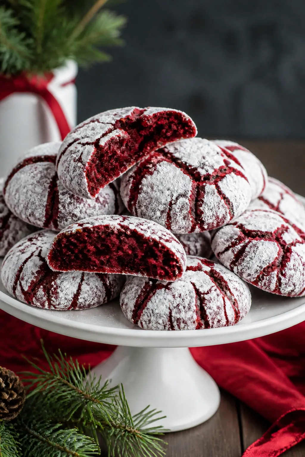Final dish presentation: A festive plate of red velvet crinkle cookies stacked on a matte white cake