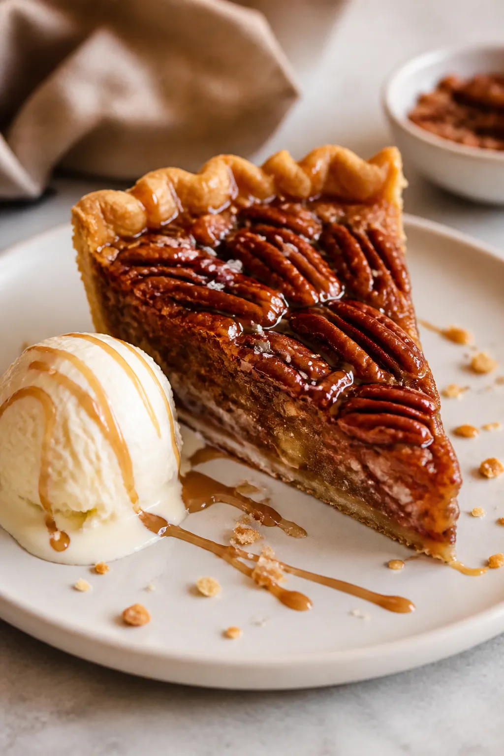 Final dish presentation: A perfect slice of salted caramel pecan pie on a matte white dessert plate,