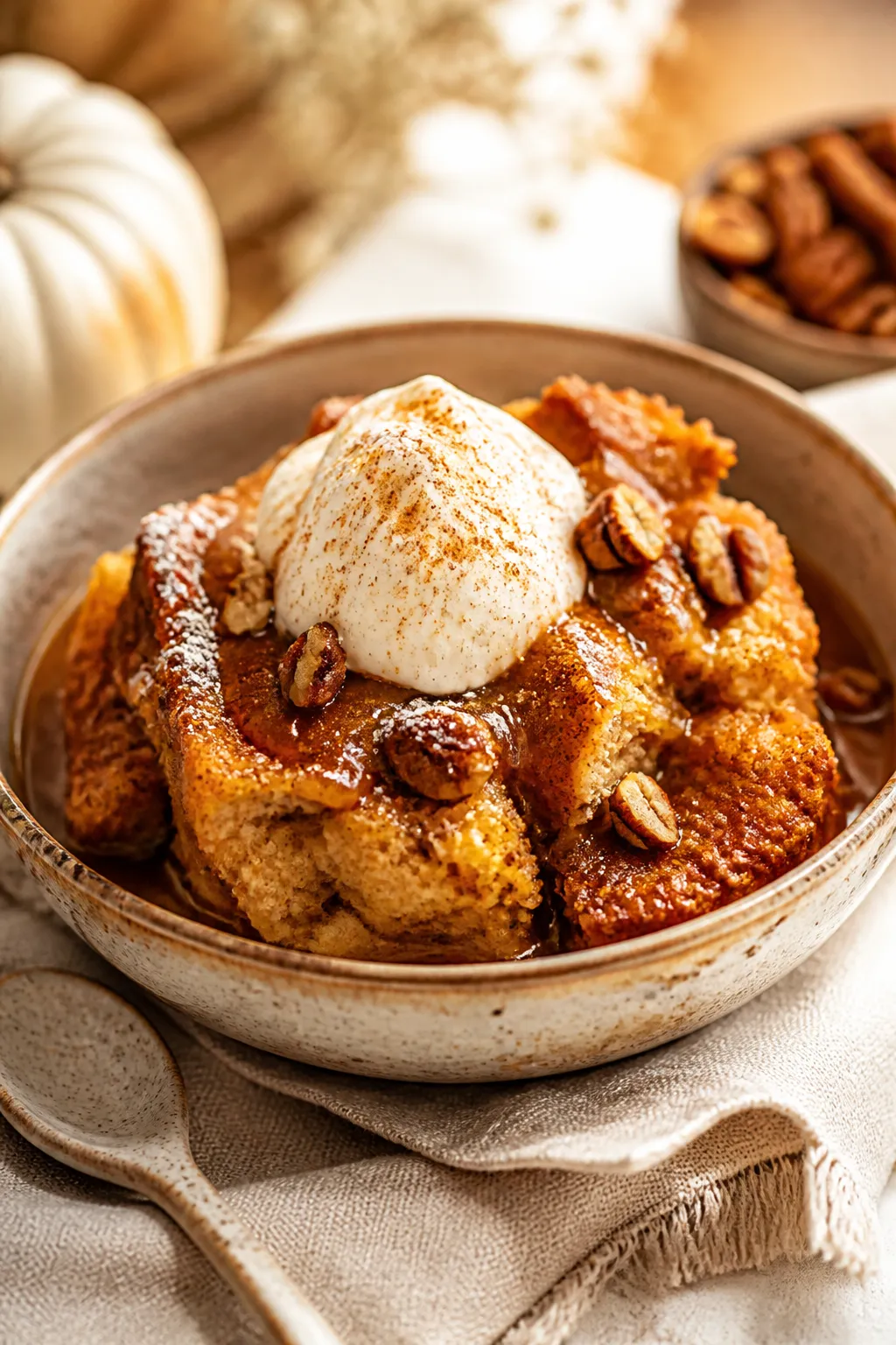 Final dish presentation: A warm serving of crockpot pumpkin bread pudding scooped into a rustic ston