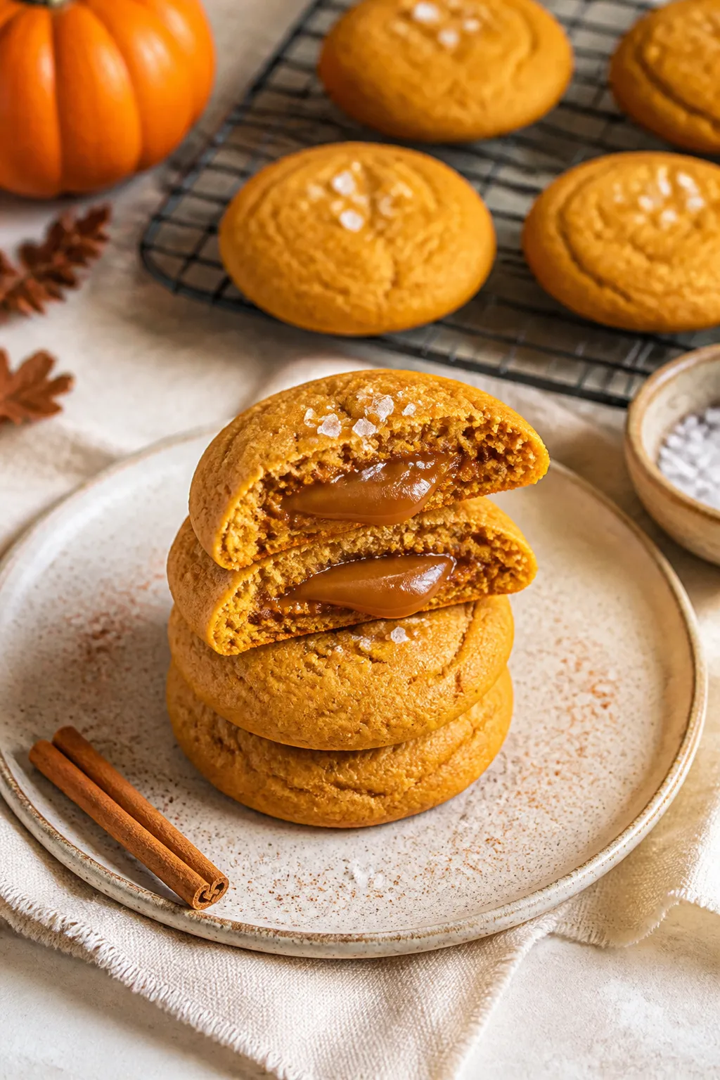 Final dish presentation: Bakery-style stack of caramel stuffed pumpkin cookies on a matte ceramic pl