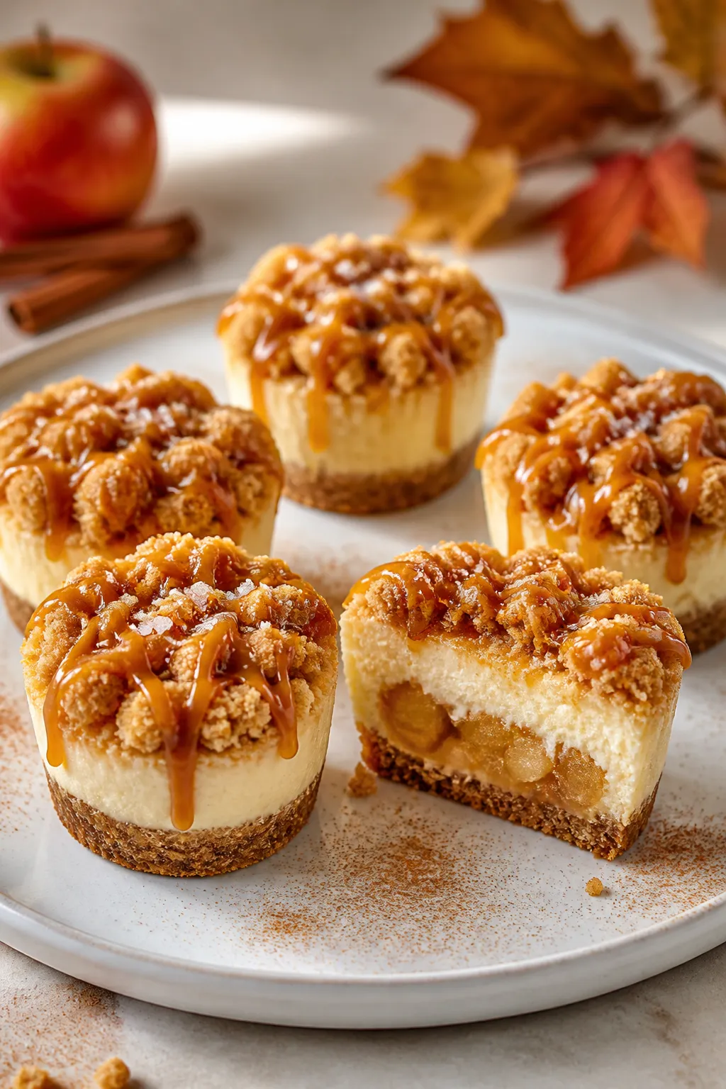 Final dish presentation: Beautifully plated Apple Crisp Mini Cheesecakes (liners removed) arranged o