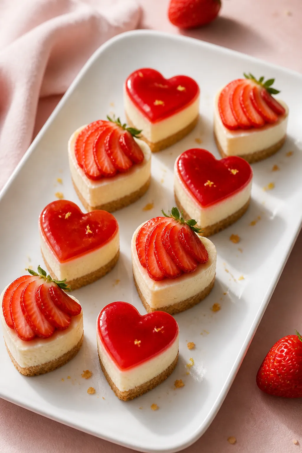 Final dish presentation: Beautifully plated assortment of heart-shaped strawberry cheesecake bites a