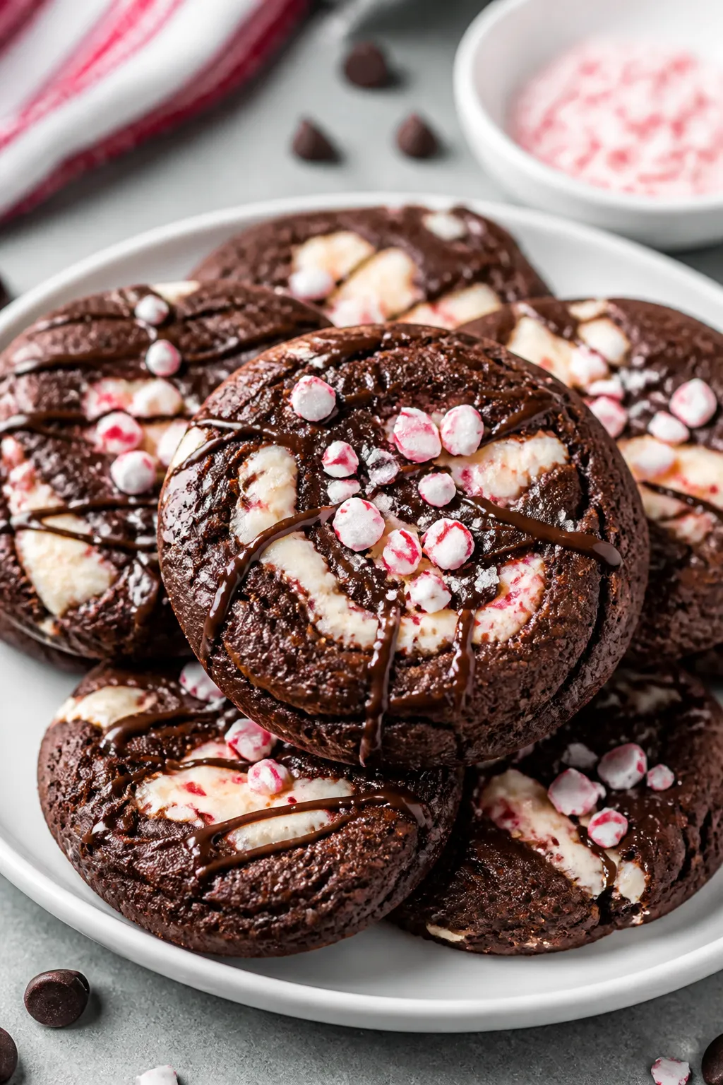 Final dish presentation: Beautifully plated Chocolate Peppermint Cheesecake Cookies stacked and fann