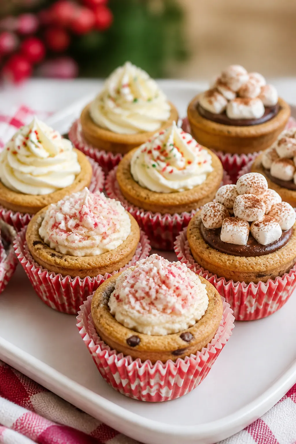 Final dish presentation: Beautifully plated Christmas Chocolate Chip Cookie Cups on a matte white pl