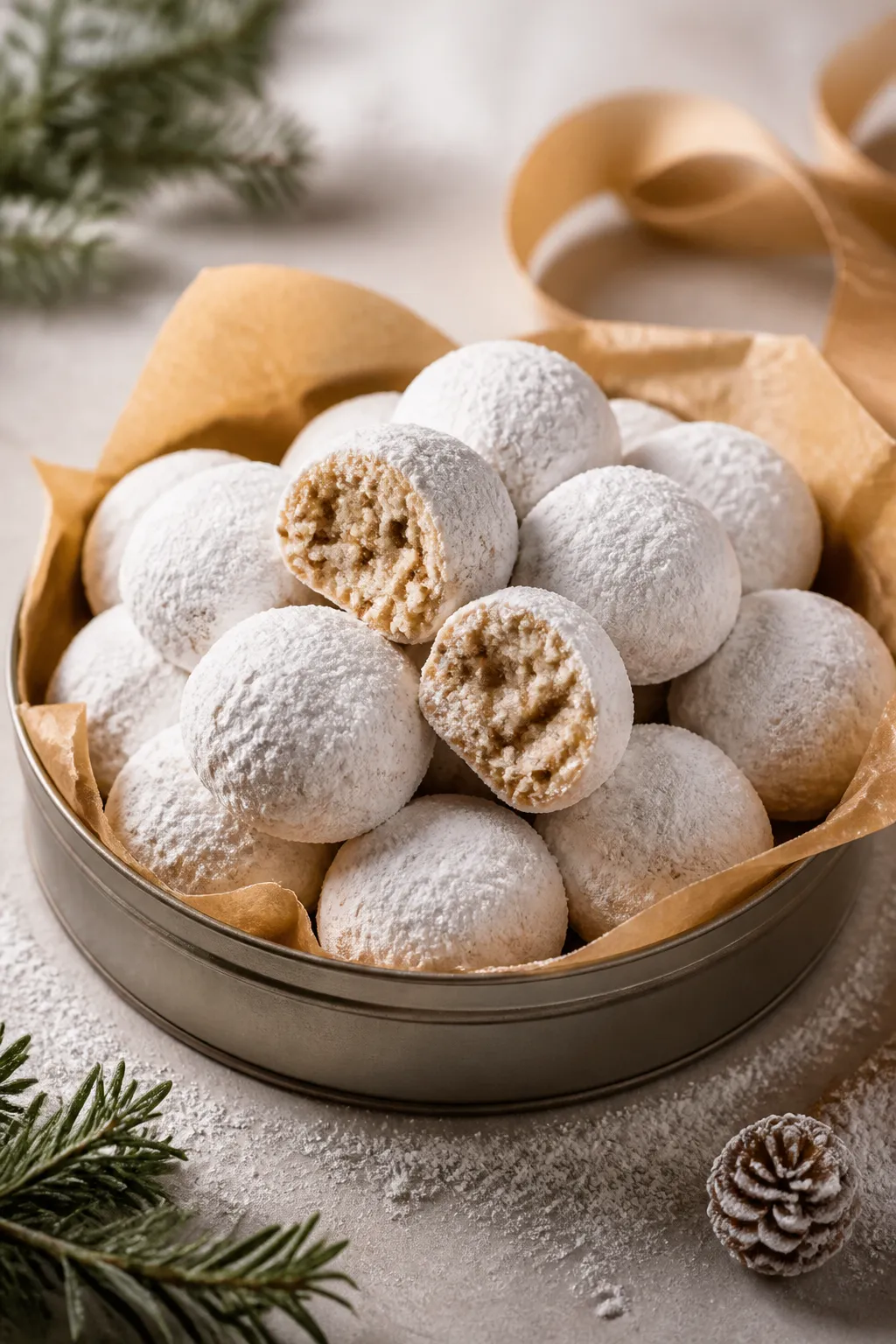 Final dish presentation: Beautifully plated Christmas Snowball Cookies stacked in a low tin lined wi