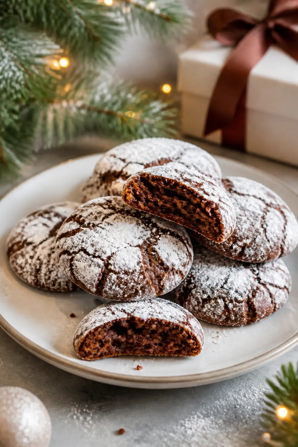 Final dish presentation: Beautifully plated gingerbread crinkle cookies stacked on a matte white des