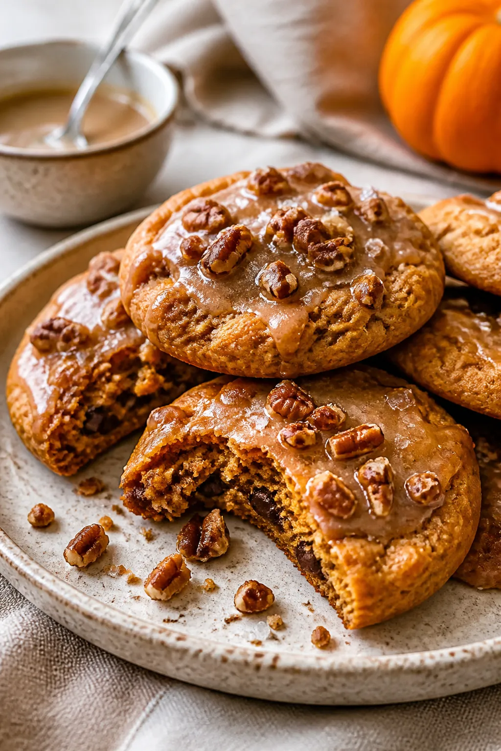 Final dish presentation: Beautifully plated maple glazed pumpkin cookies stacked on a rustic ceramic