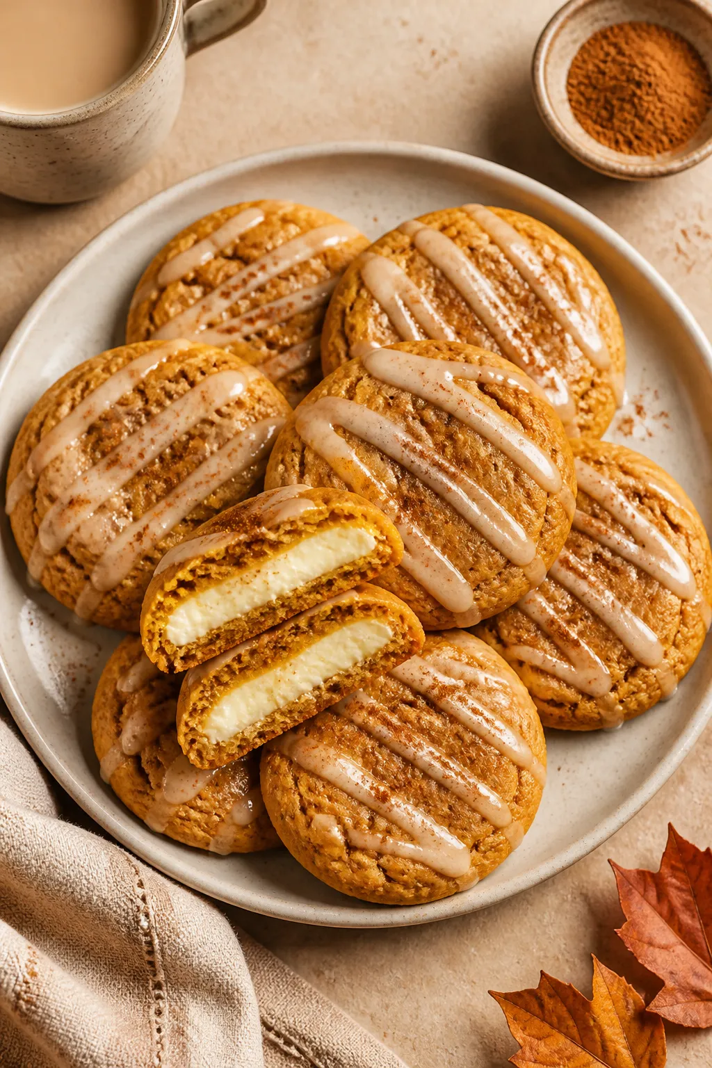 Final dish presentation: Beautifully plated pumpkin cream cheese cookies stacked and fanned on a mat
