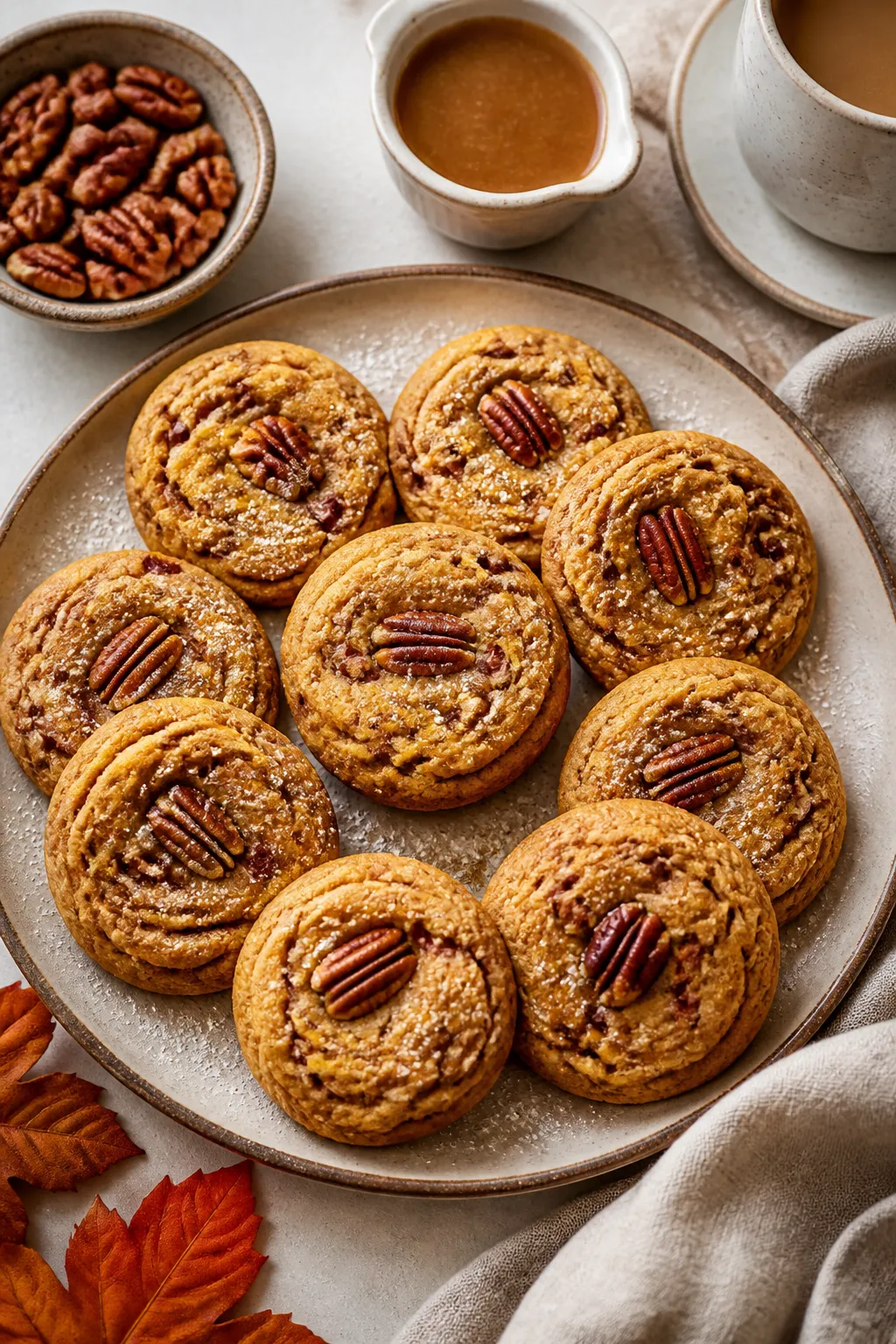 Final dish presentation: Beautifully plated Pumpkin Pecan Cheesecake Cookies arranged on a matte cer