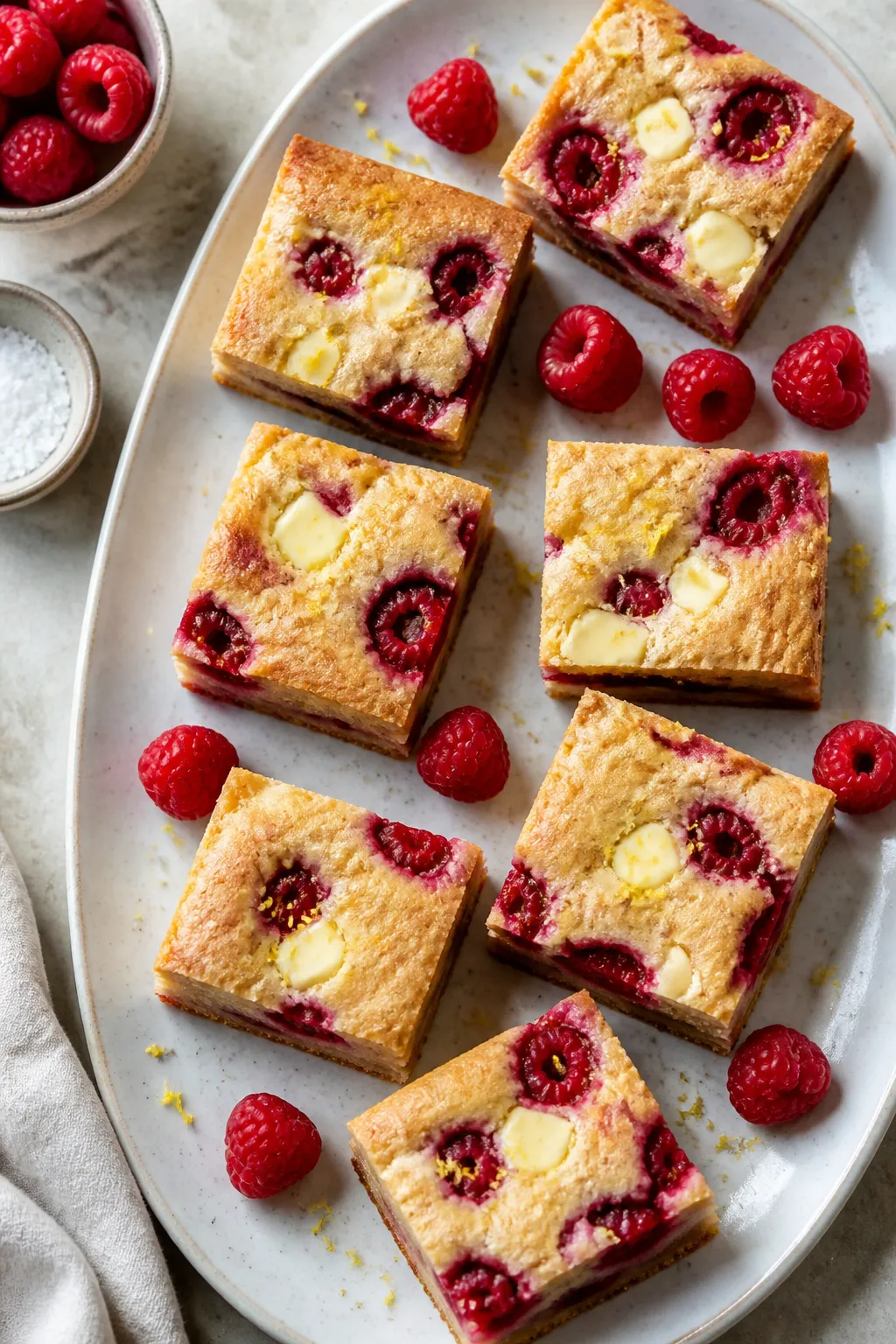 Final dish presentation: Beautifully plated raspberry white chocolate blondie squares on a matte whi