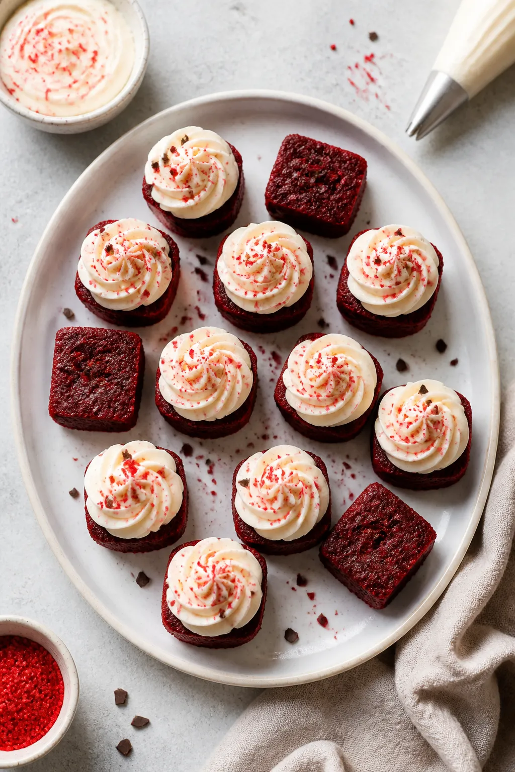Final dish presentation: Beautifully plated red velvet brownie bites on a white stoneware platter, e