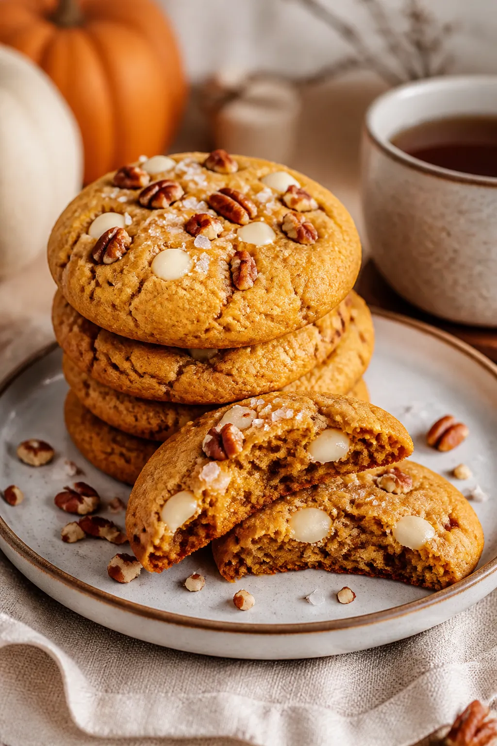 Final dish presentation: Beautifully plated stack of pumpkin white chocolate chip cookies on a matte