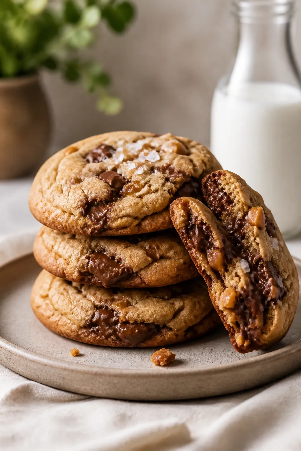Final dish presentation: Beautifully plated stack of brown butter toffee chocolate chip cookies on a