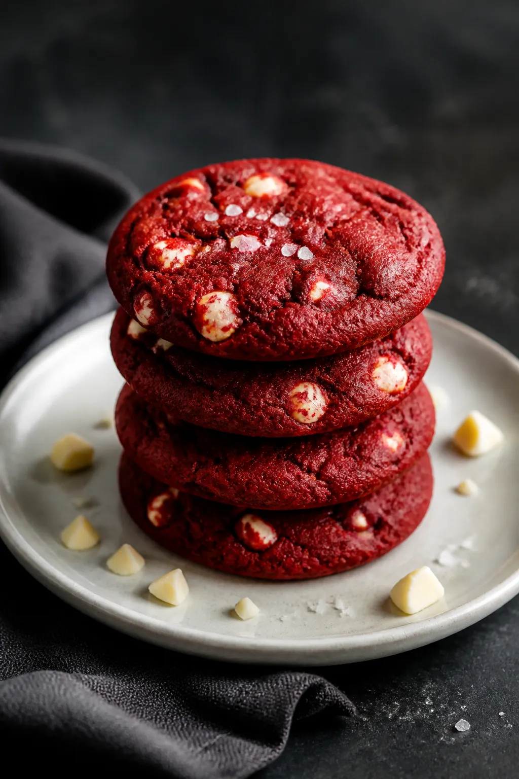 Final dish presentation: Beautifully plated stack of red velvet white chocolate chip cookies on a ma