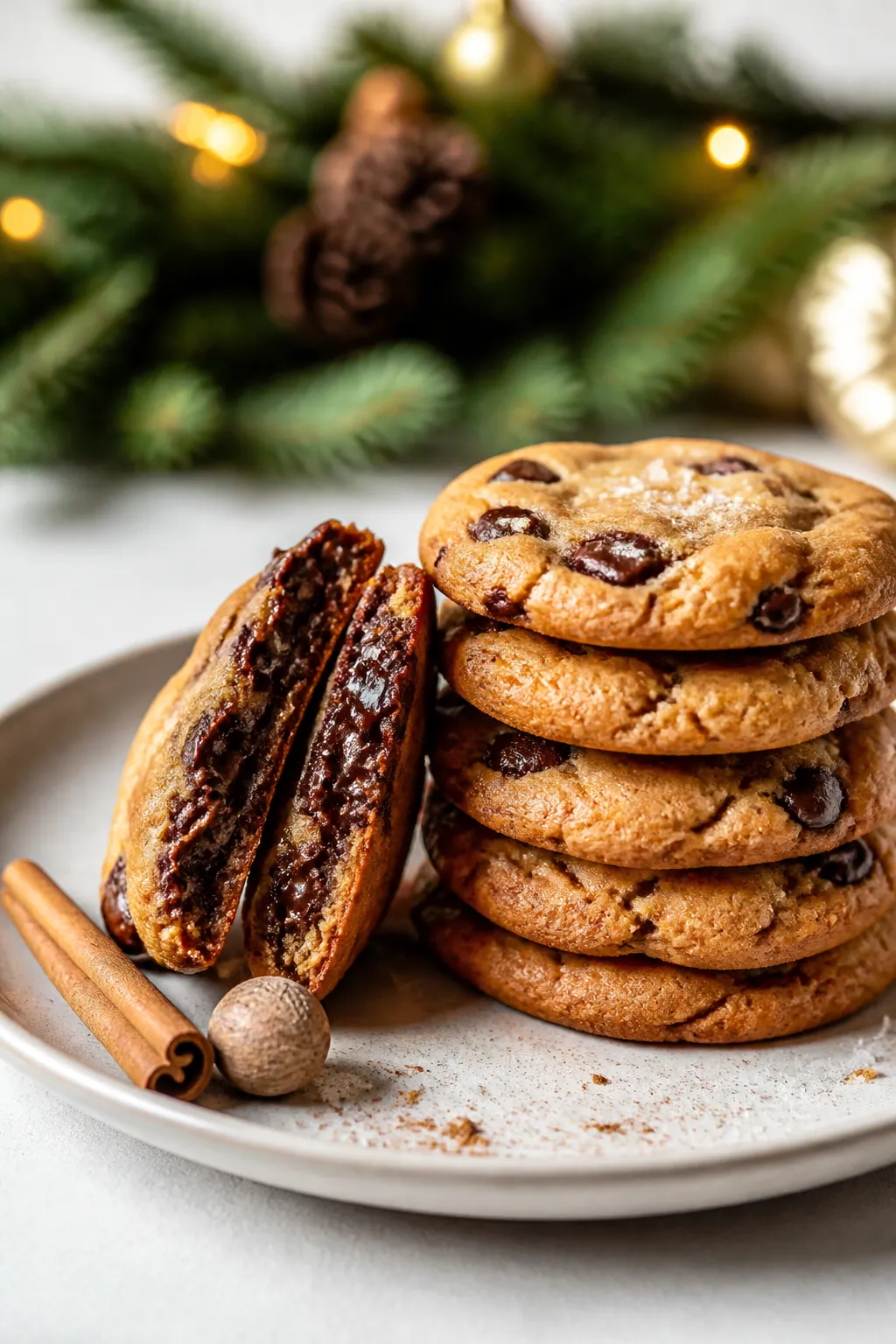 Final dish presentation: Beautifully plated stack of chewy brown butter chocolate chip cookies on a 