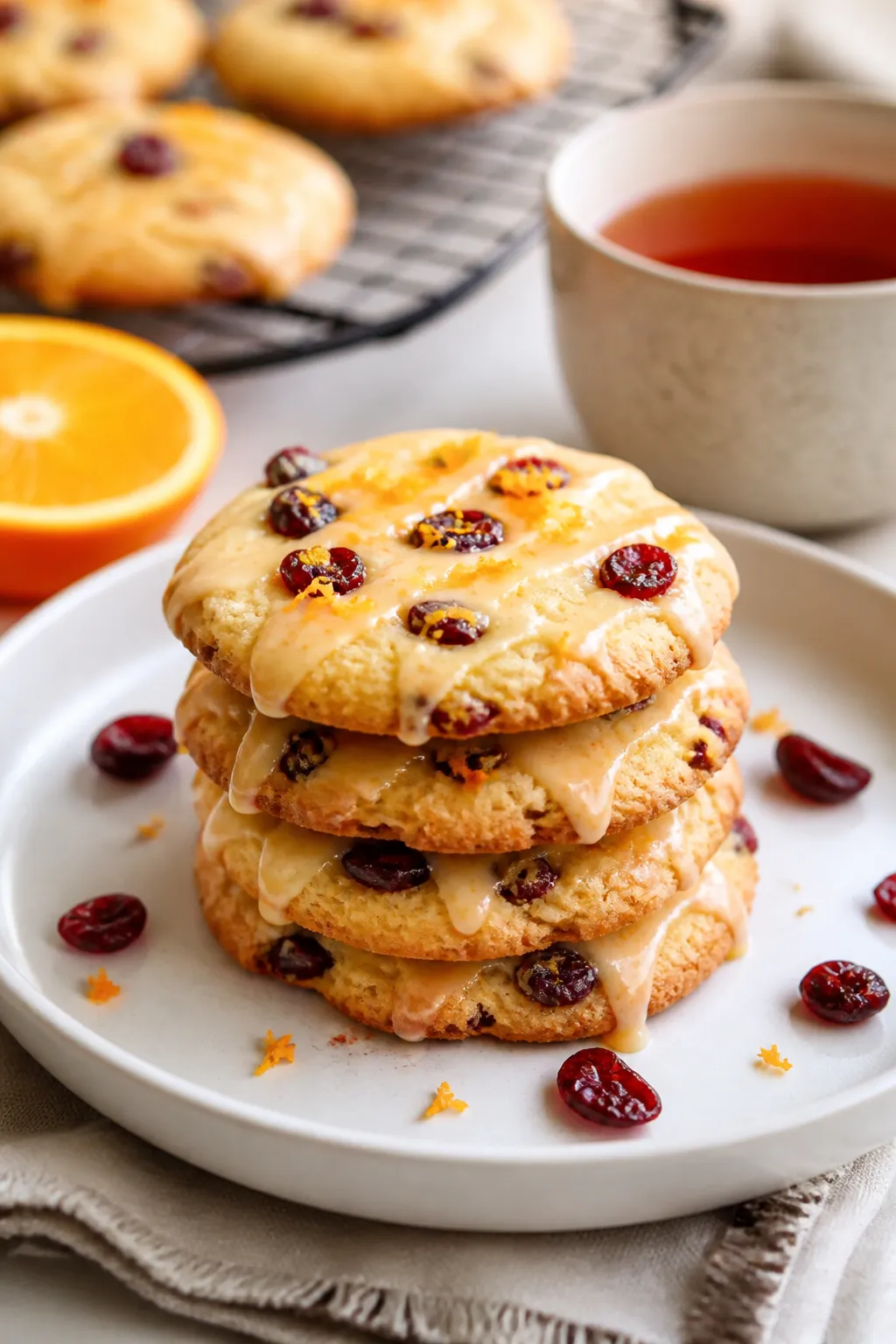 Final dish presentation: Beautifully plated stack of Orange Cranberry Cookies on a matte white desse
