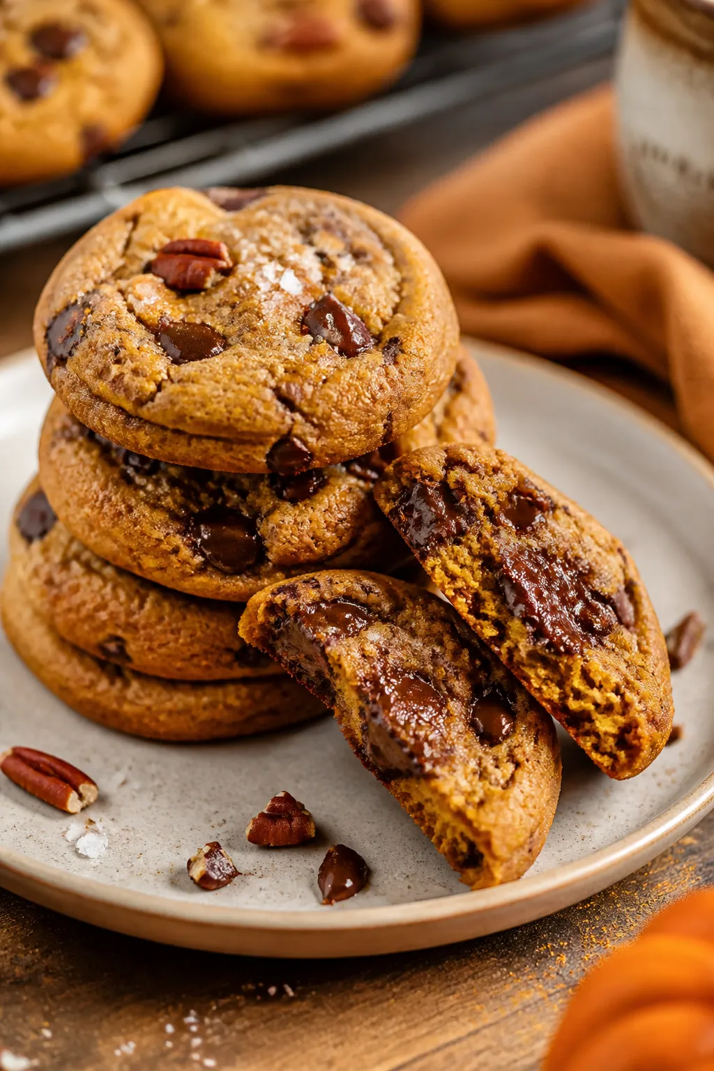 Final dish presentation: Beautifully plated stack of brown butter pumpkin chocolate chip cookies on 