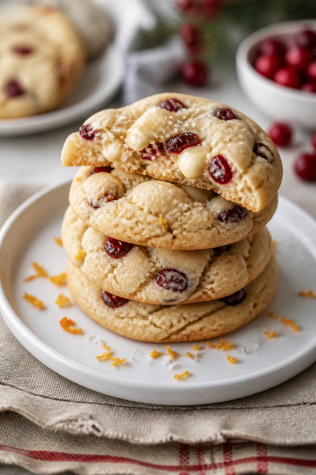 Final dish presentation: Beautifully plated stack of white chocolate cranberry cookies with one cook