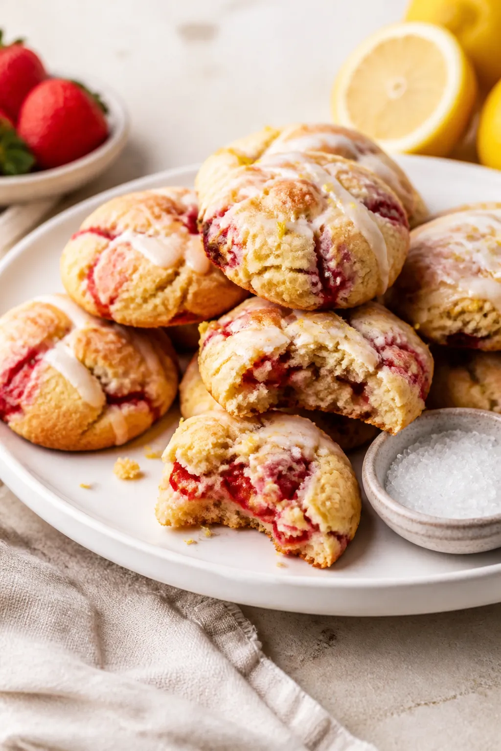 Final dish presentation: Beautifully plated strawberry shortcake cookies stacked on a matte white de