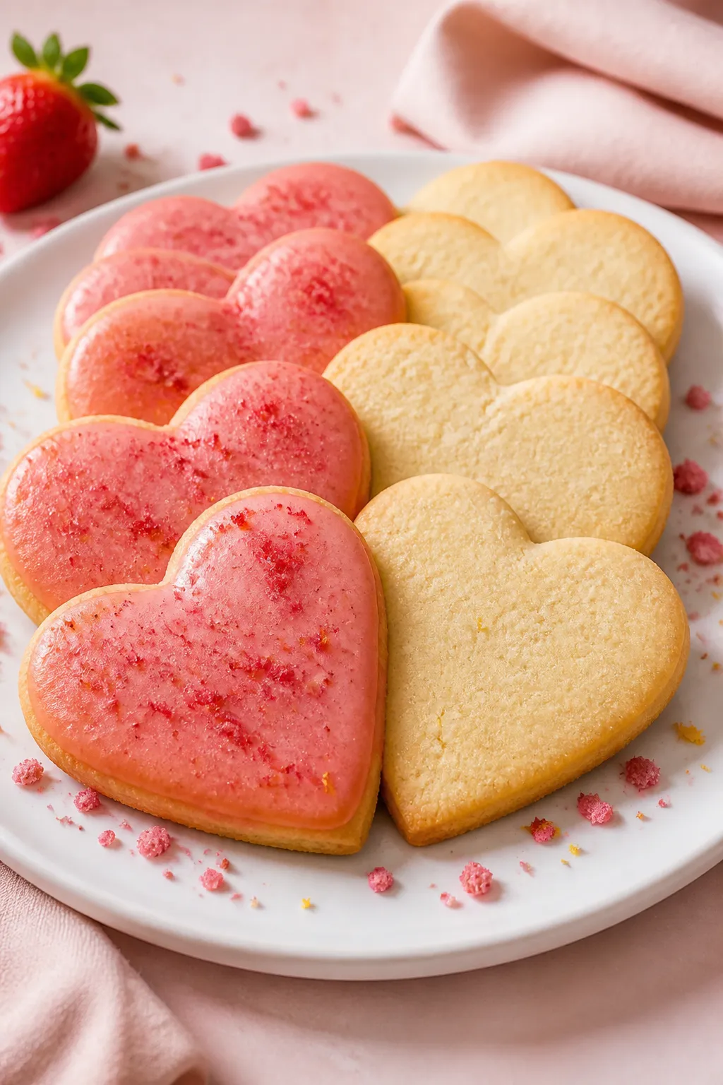 Final dish presentation: Beautifully plated strawberry heart-shaped sugar cookies stacked and fanned
