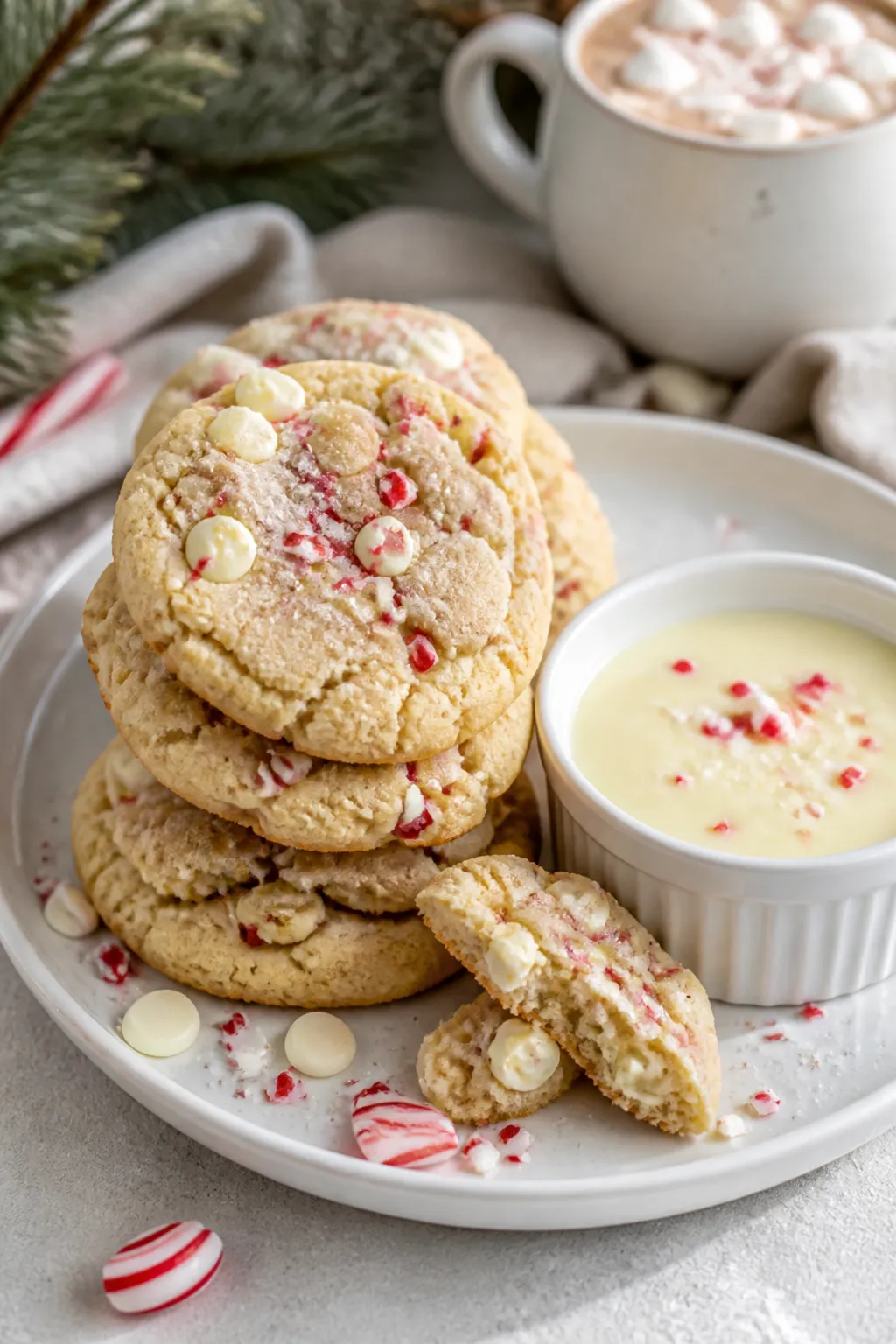 Final dish presentation: Beautifully plated White Chocolate Peppermint Cookies stacked on a matte wh