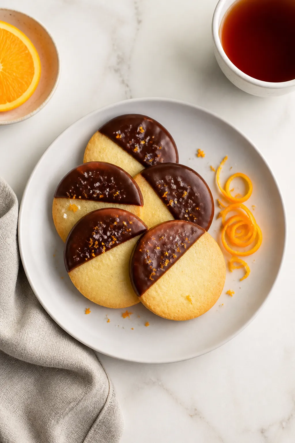 Final dish presentation: Elegant plated orange shortbread cookies dipped halfway in glossy dark choc