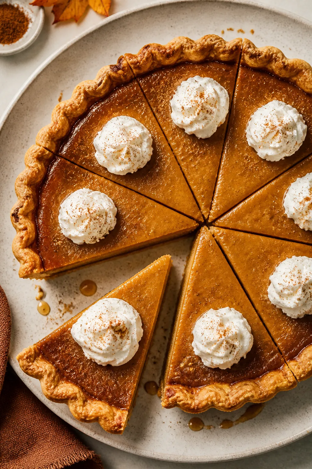 Final dish presentation: Finished Brown Butter Pumpkin Pie on a matte ceramic pie dish, top view; cu