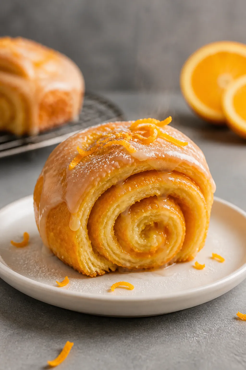 Final dish presentation: One beautifully plated orange sweet roll on a small white ceramic plate, ge