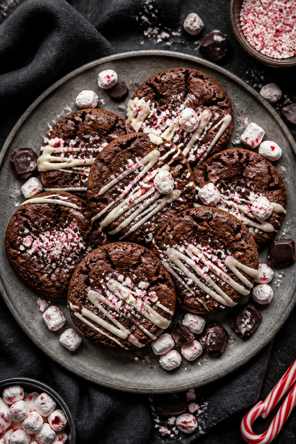 Final dish presentation, overhead: A cozy winter scene with a plate of finished Peppermint Hot Choco