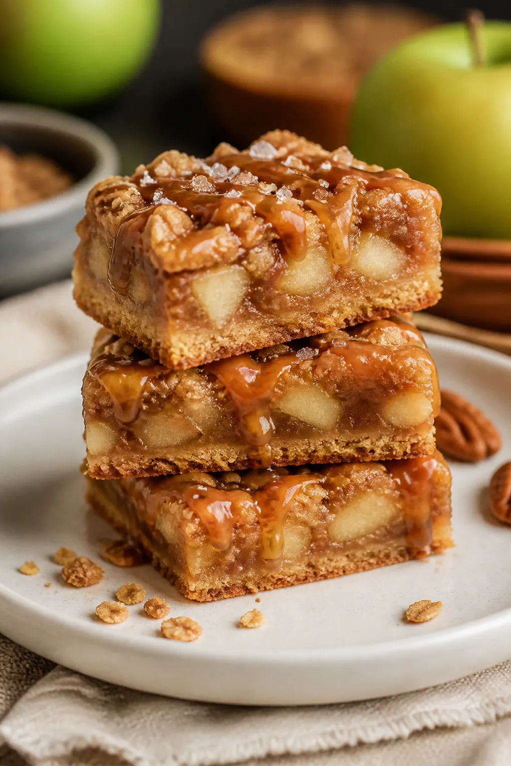 Final dish presentation: Restaurant-quality plate of neatly sliced Caramel Apple Cookie Bars (clean 