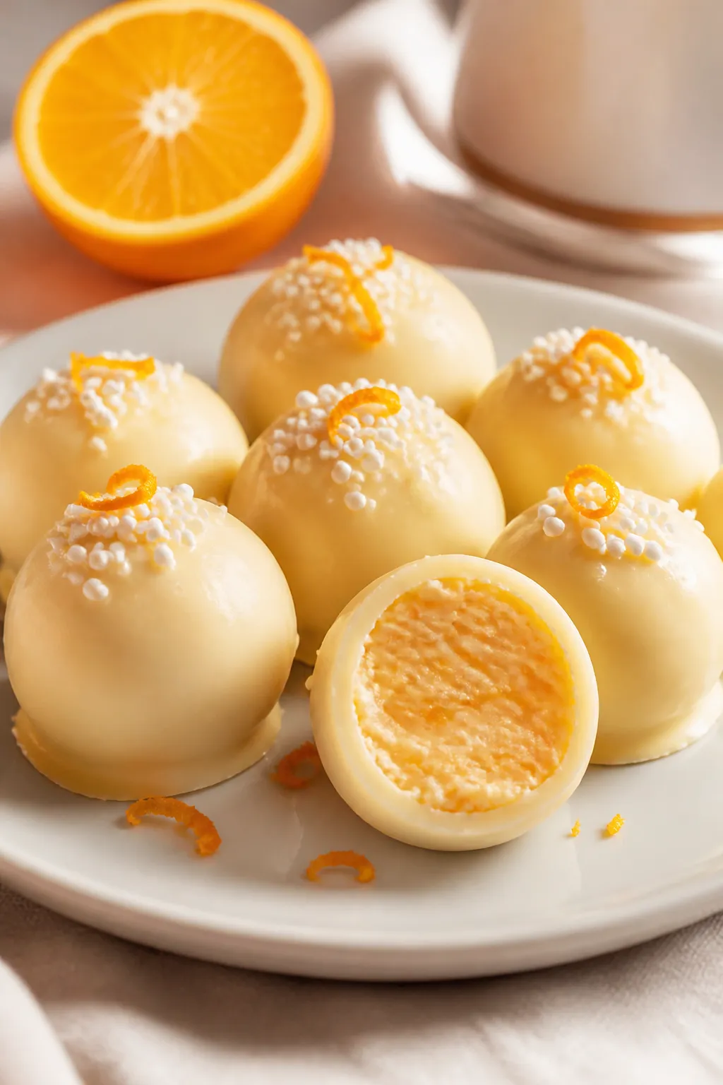 Final dish presentation: Restaurant-quality plate of Orange Creamsicle Truffles arranged in a tight 