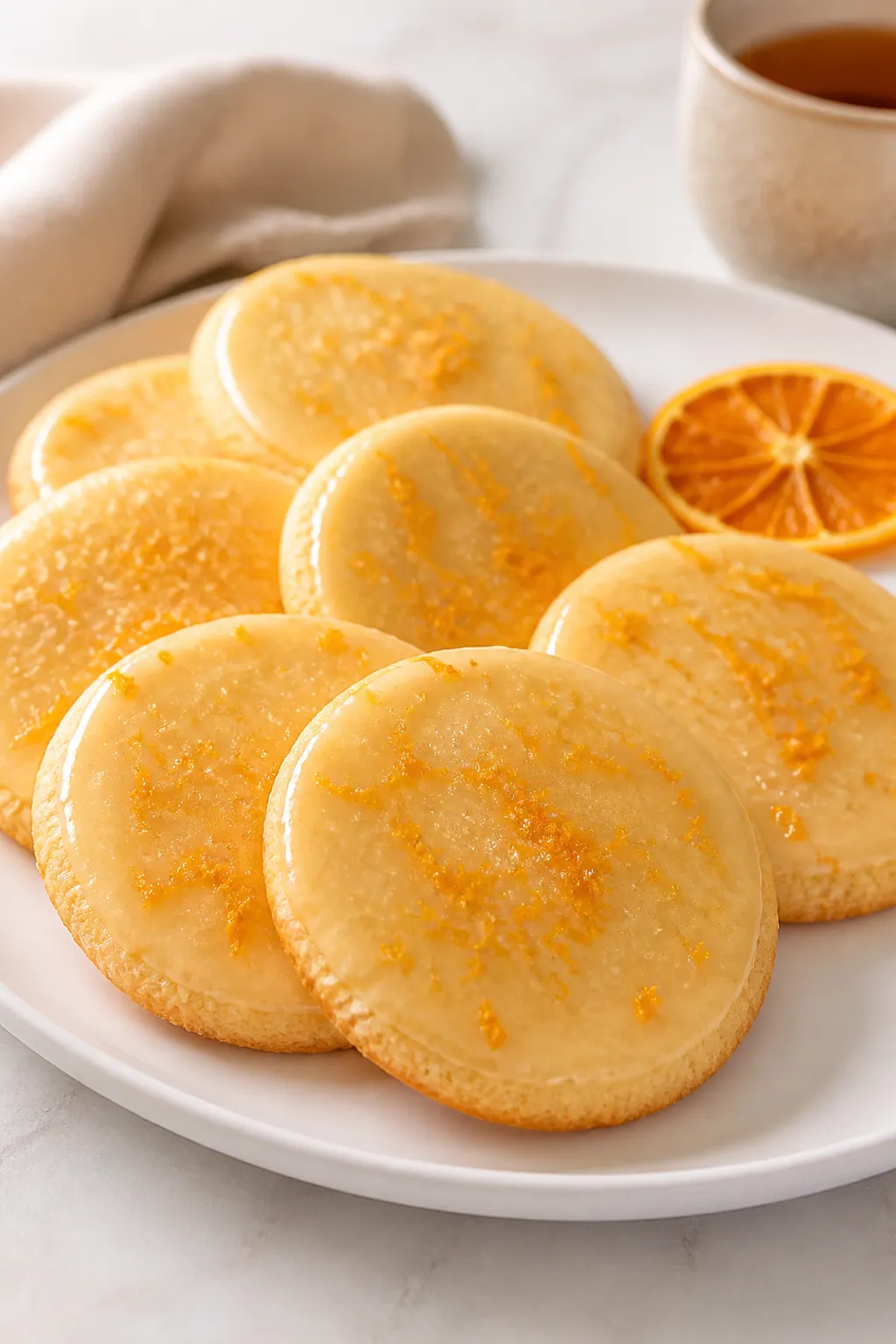 Final dish presentation: Restaurant-quality plate of Orange Glazed Sugar Cookies stacked and fanned 