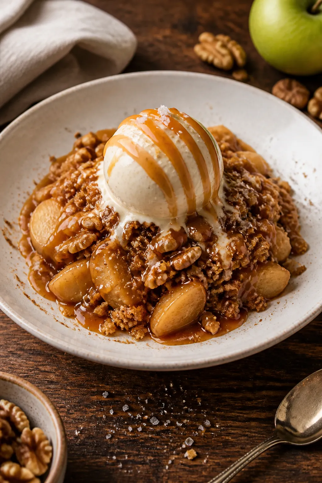 Final dish presentation: Restaurant-quality plated serving of salted caramel apple crumble in a shal