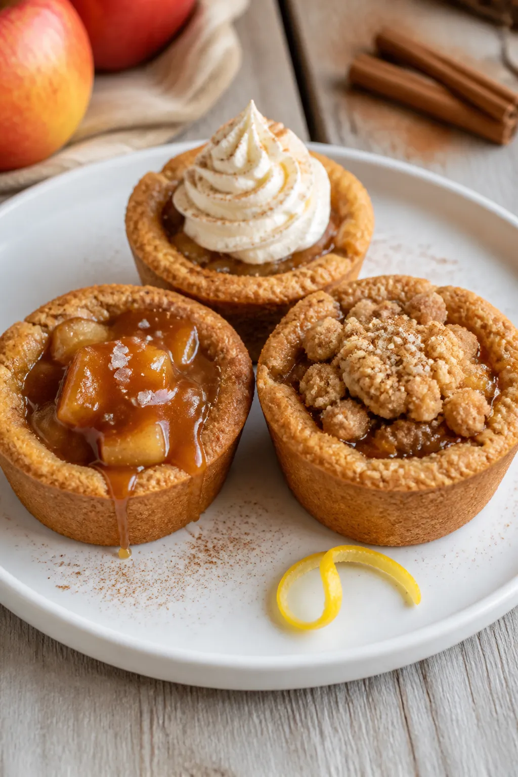 Final dish presentation: Restaurant-quality plated Apple Pie Cookie Cups on a matte white dessert pl