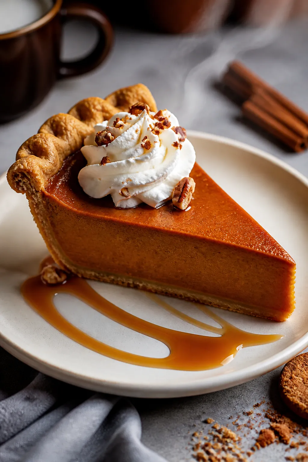 Final dish presentation: Restaurant-quality plated slice of Apple Butter Pumpkin Pie on a matte off-