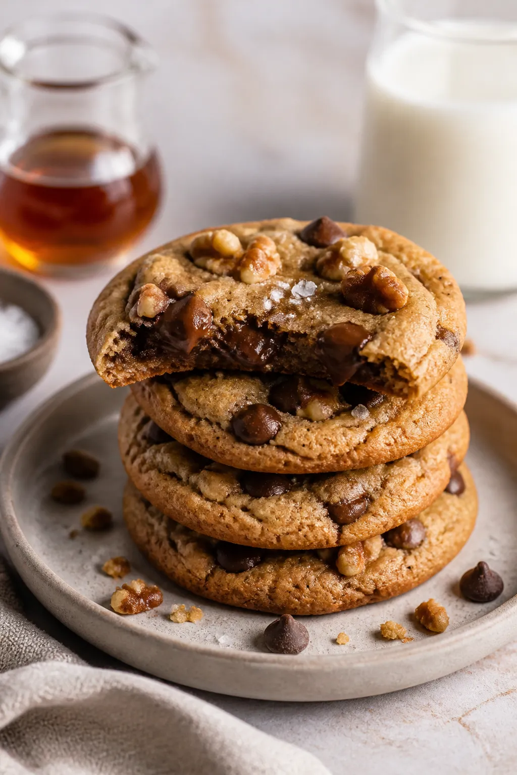 Final dish presentation: Restaurant-quality plated Maple Walnut Chocolate Chip Cookies stacked on a