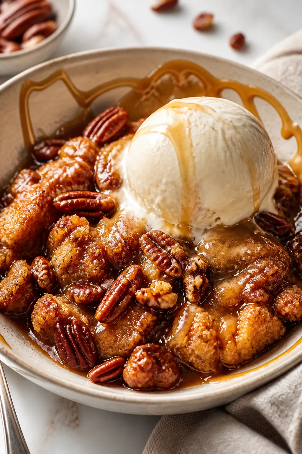 Final dish presentation: Restaurant-quality plated serving of Crockpot Pecan Pie Cobbler in a shallo