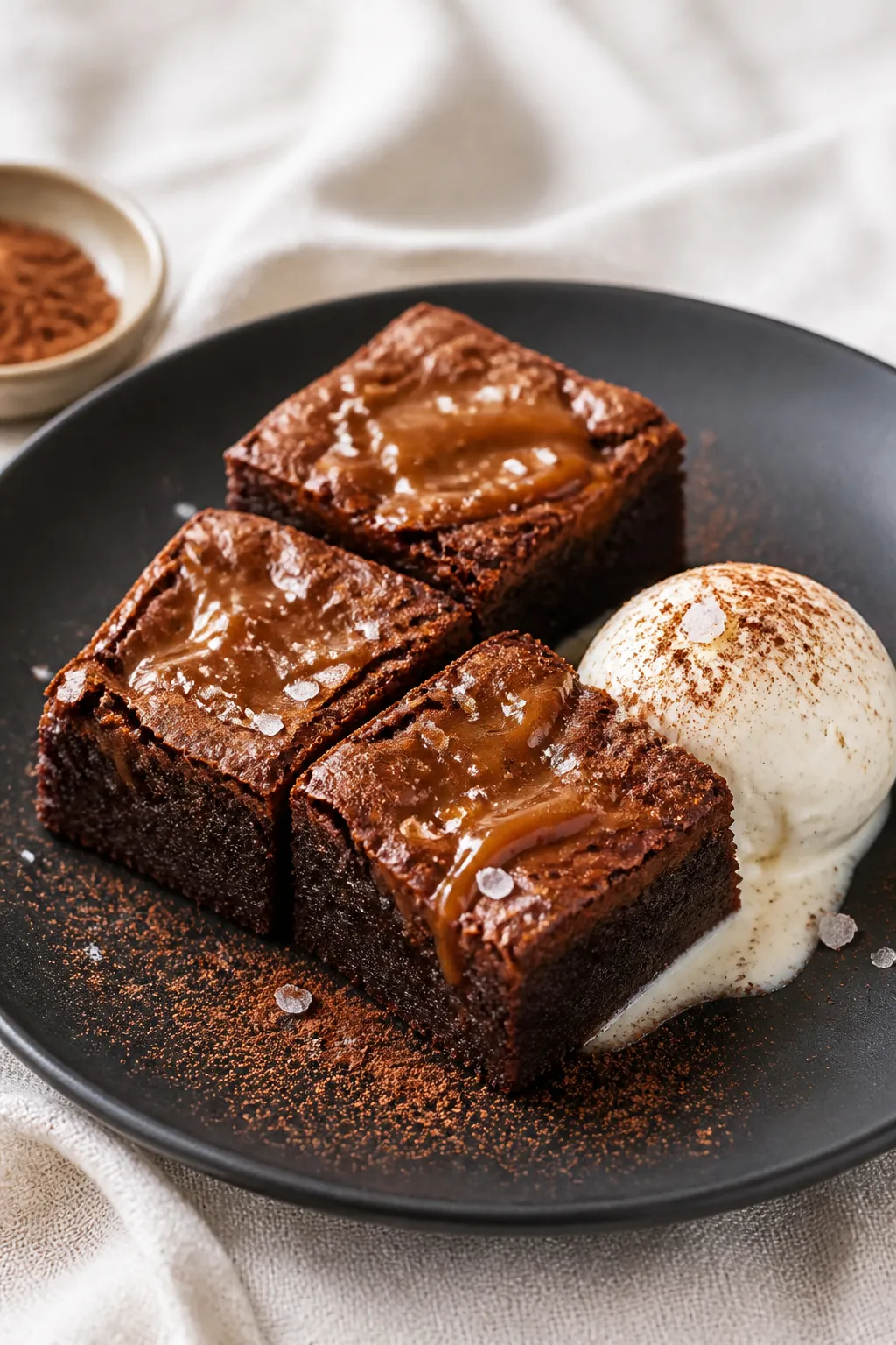 Final dish presentation: Restaurant-quality plated squares of Crockpot Salted Caramel Brownies arran