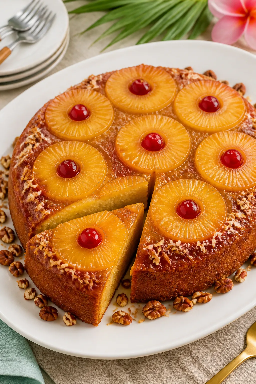 Final dish presentation: Restaurant-quality platter shot of the fully inverted pineapple upside down