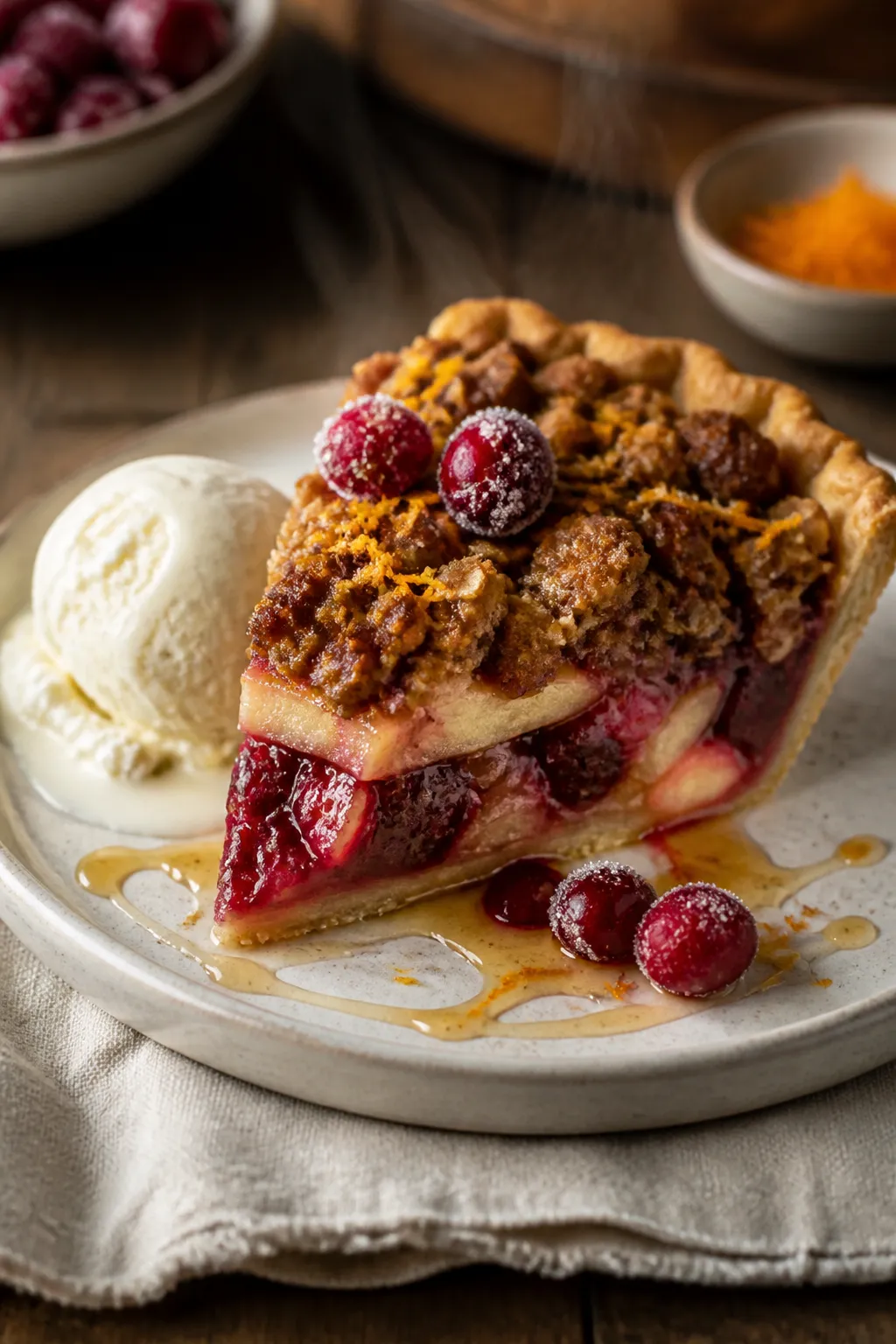 Final dish presentation: Restaurant-quality slice of cranberry apple crumble pie plated with a scoop